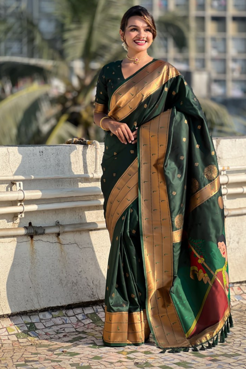Floral-patterned green Paithani soft silk sarees