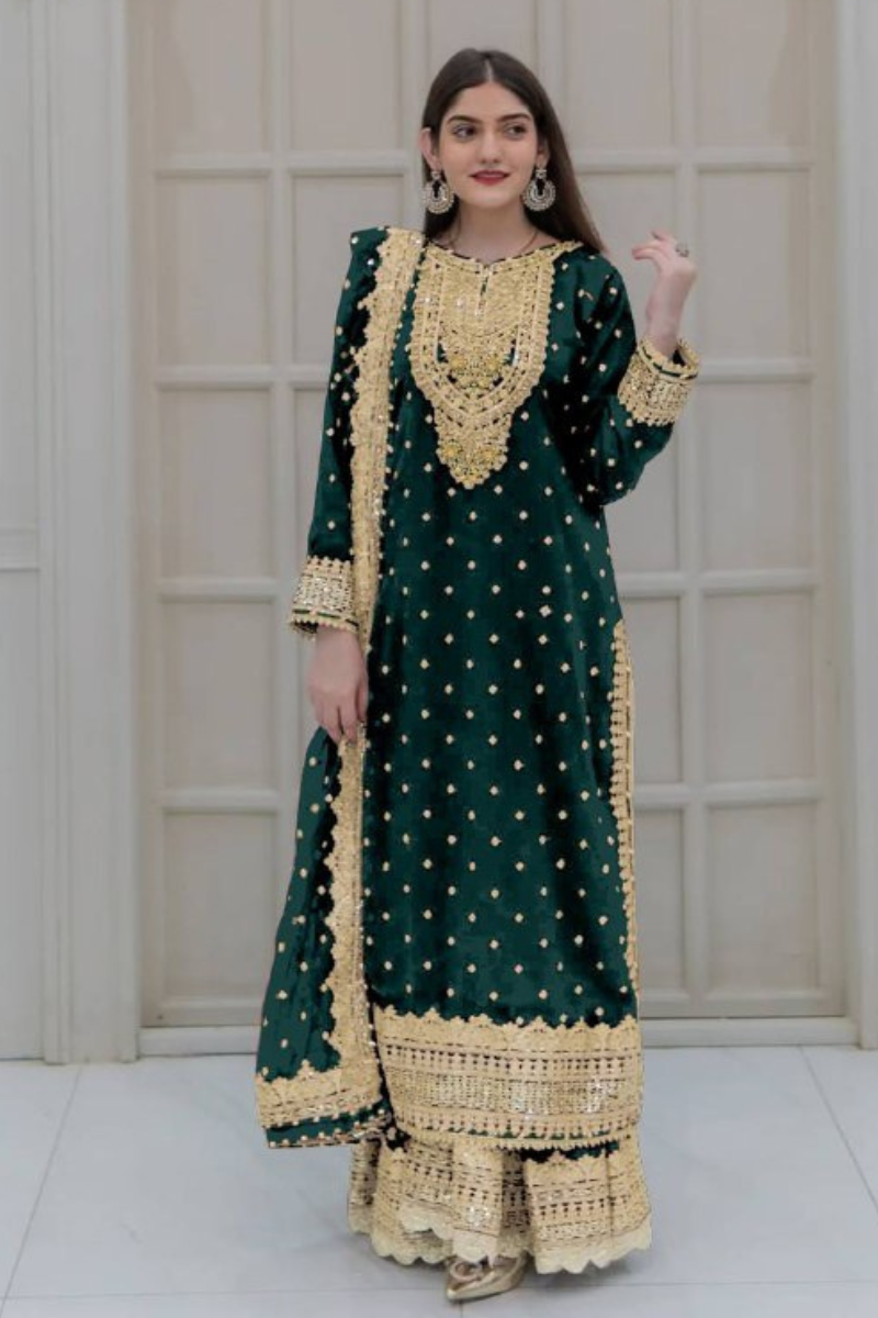 Pure Green Heavy Georgette Embroidered Sharara Dupatta Set