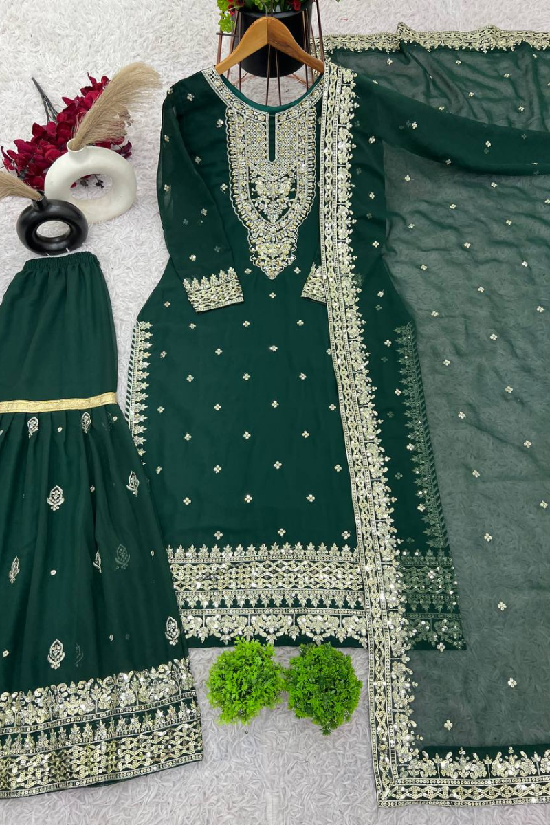 Pure Green Heavy Georgette Embroidered Sharara Dupatta Set