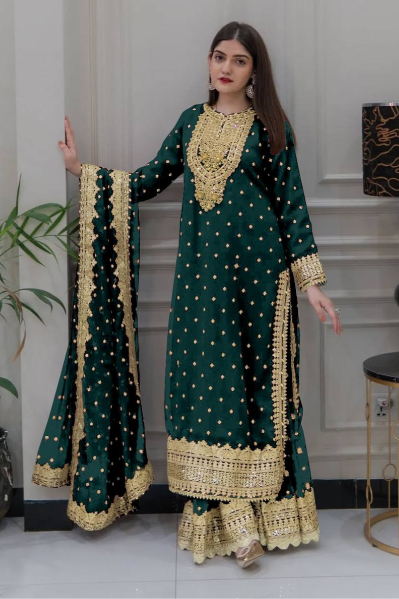 Pure Green Heavy Georgette Embroidered Sharara Dupatta Set