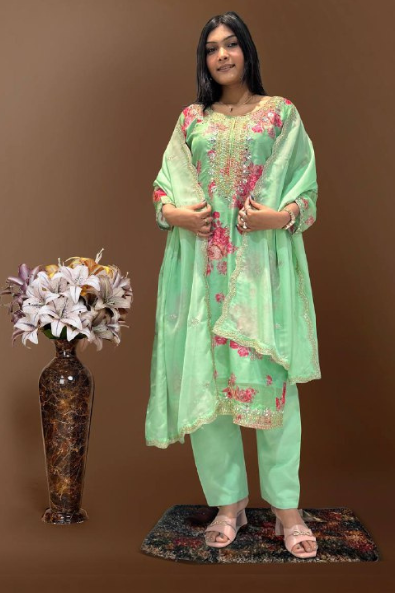 Three-piece Kurta Dupatta Pant Suit Set in Green Pure Kundan Organza.