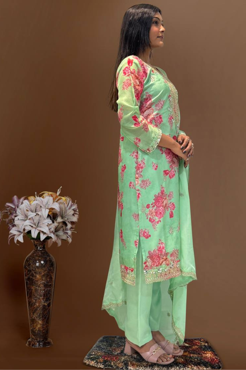 Three-piece Kurta Dupatta Pant Suit Set in Green Pure Kundan Organza.