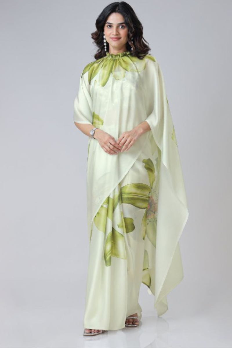 Digital Printing of Green Satin Creap Silk Saree