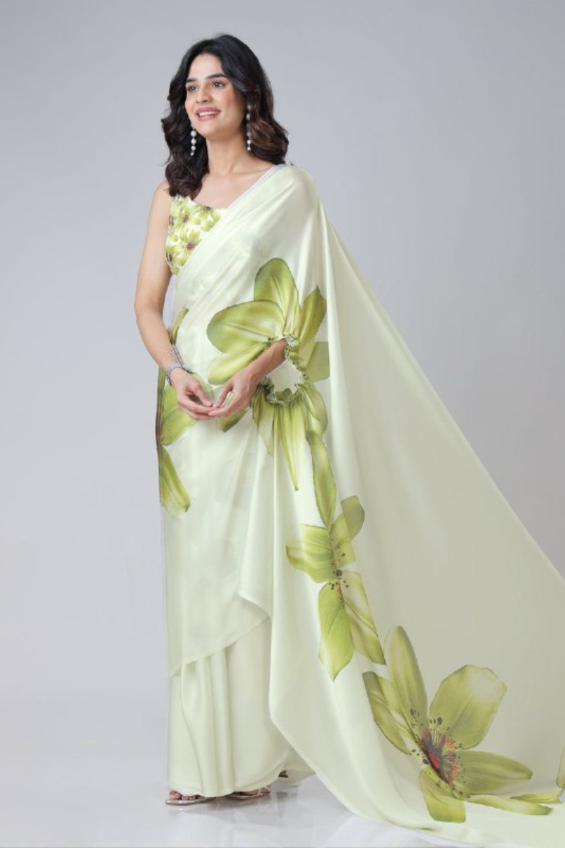Digital Printing of Green Satin Creap Silk Saree