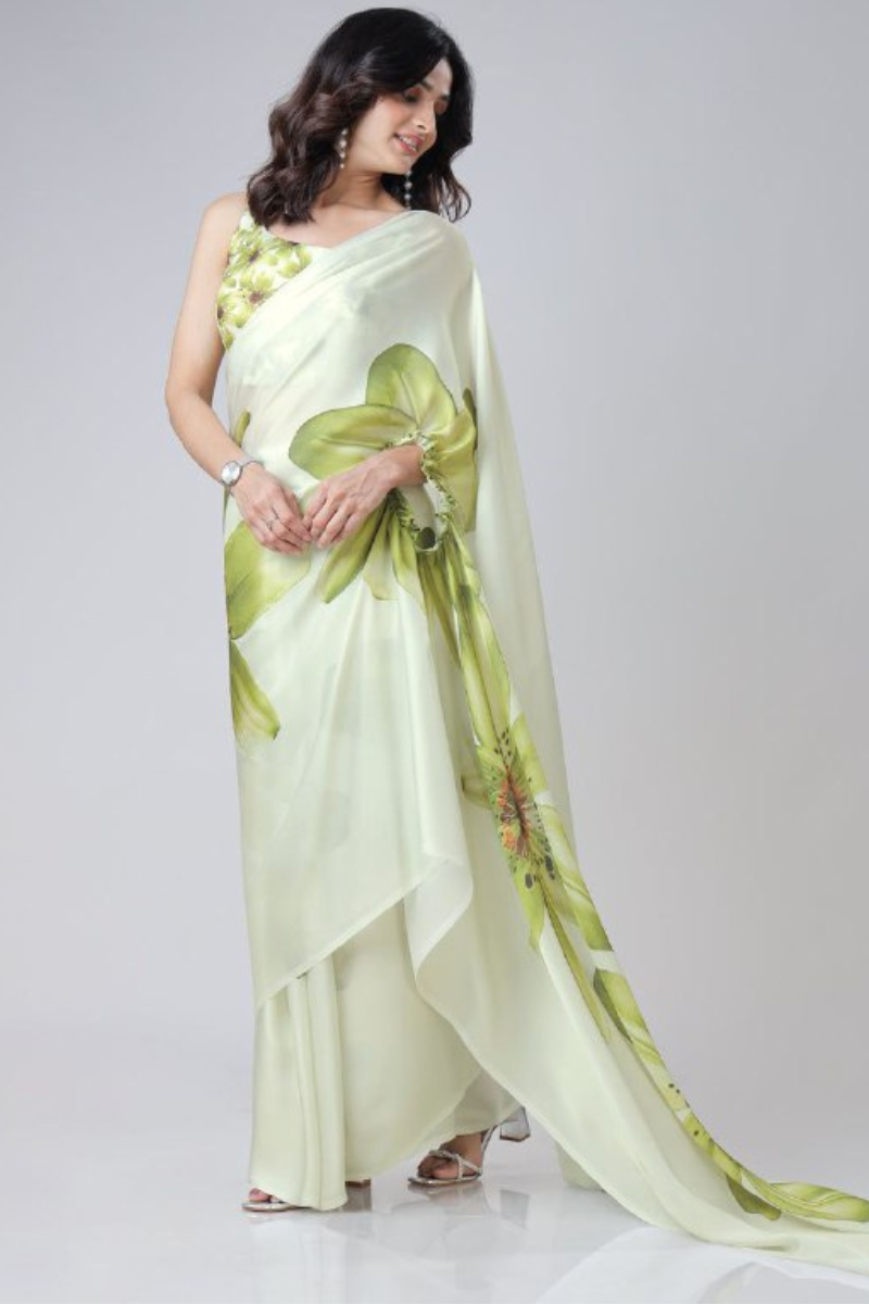 Digital Printing of Green Satin Creap Silk Saree