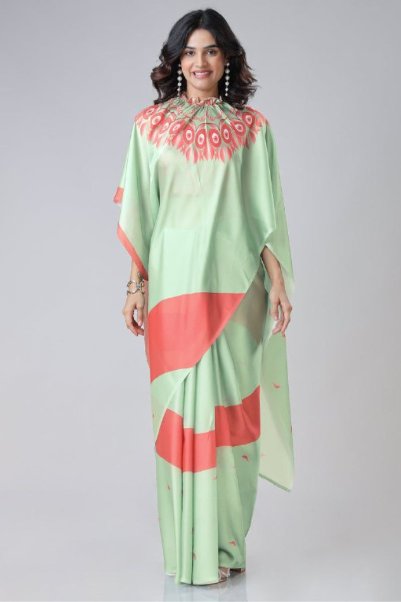 Digital Printing of Green Satin Creap Silk Saree