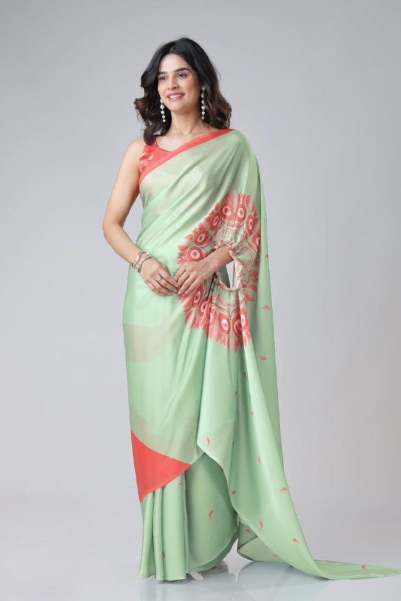 Digital Printing of Green Satin Creap Silk Saree