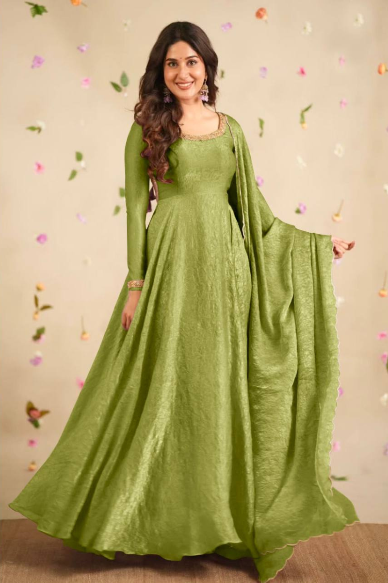 Green Crush Silk Gown with Dupatta in Soft Gold
