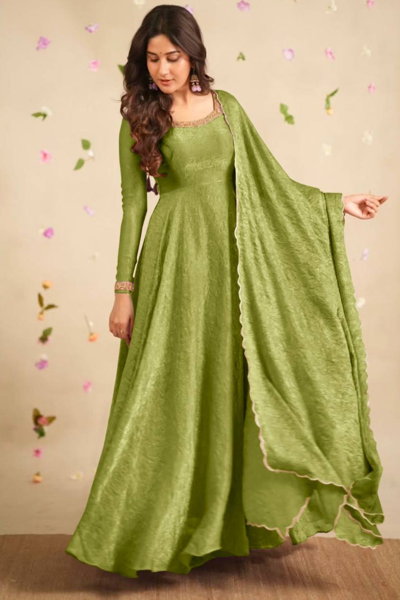 Green Crush Silk Gown with Dupatta in Soft Gold