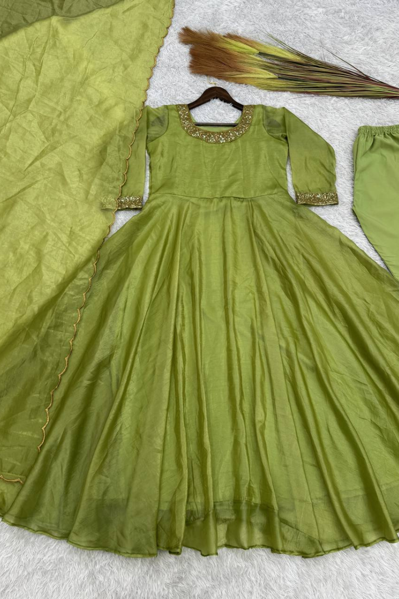 Green Crush Silk Gown with Dupatta in Soft Gold
