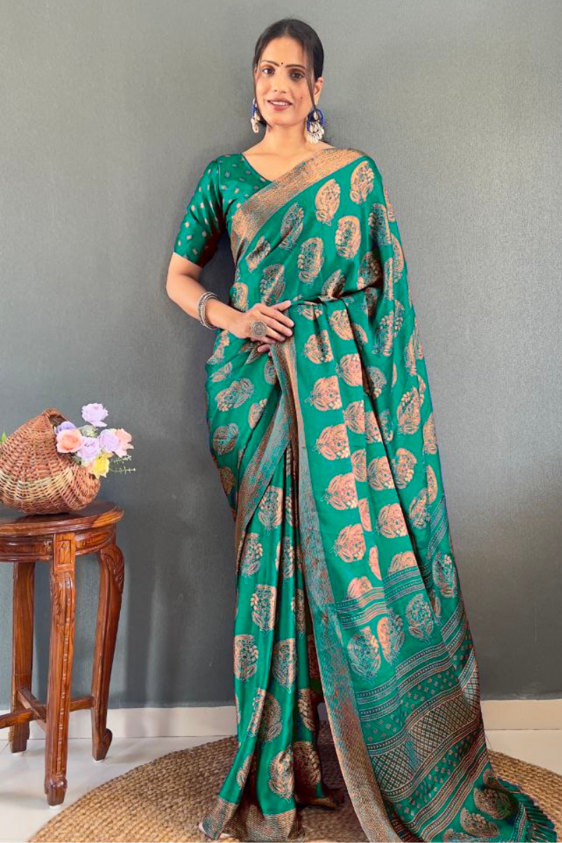 Patchwork Banarasi Saree in Green Soft Moss Silk
