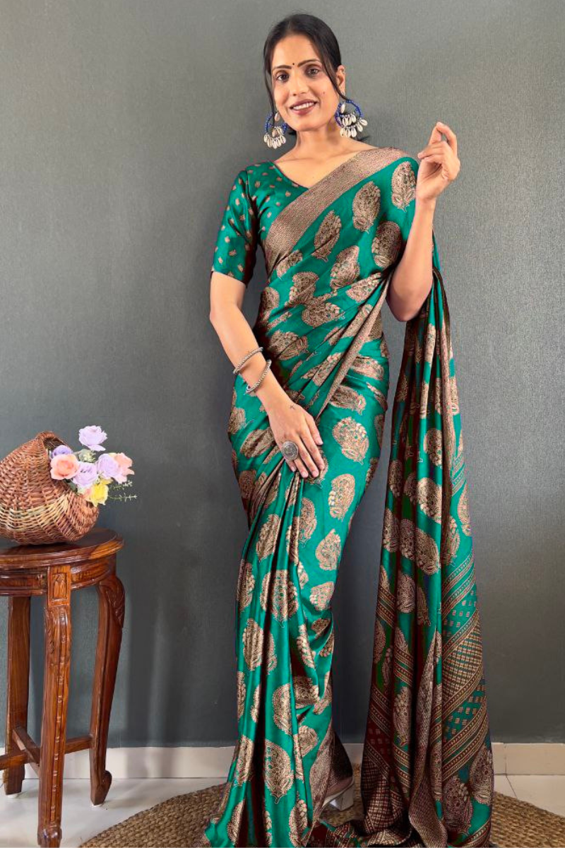 Patchwork Banarasi Saree in Green Soft Moss Silk