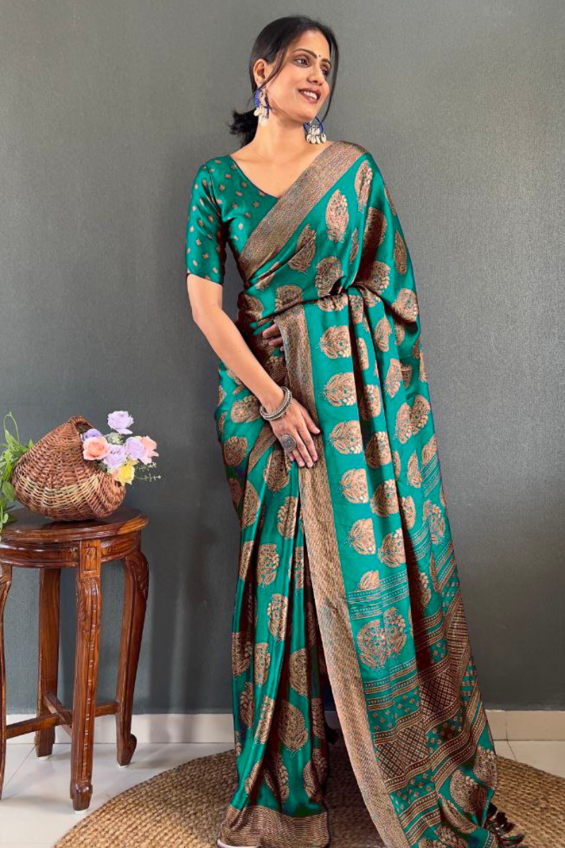 Patchwork Banarasi Saree in Green Soft Moss Silk