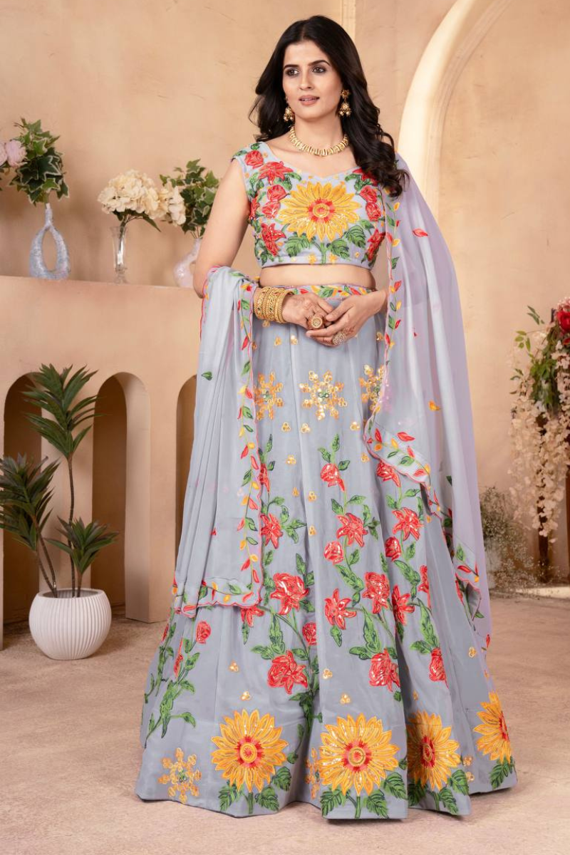 Grey Faux Georgette Embroidered Lehanga Choli Suit Set