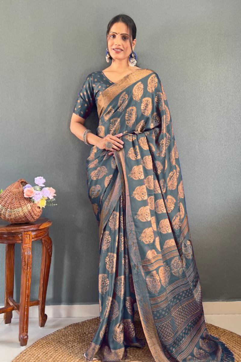 Patchwork Banarasi Saree in Grey Soft Moss Silk