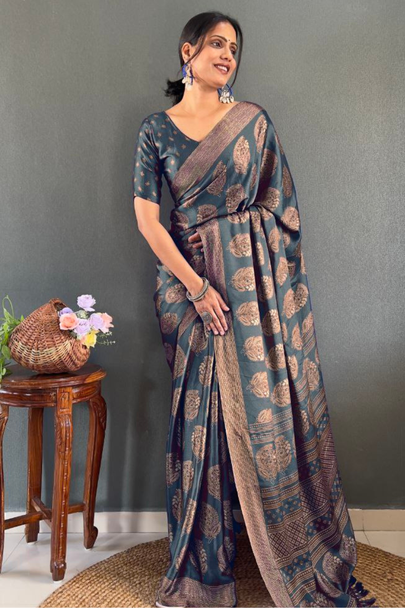 Patchwork Banarasi Saree in Grey Soft Moss Silk