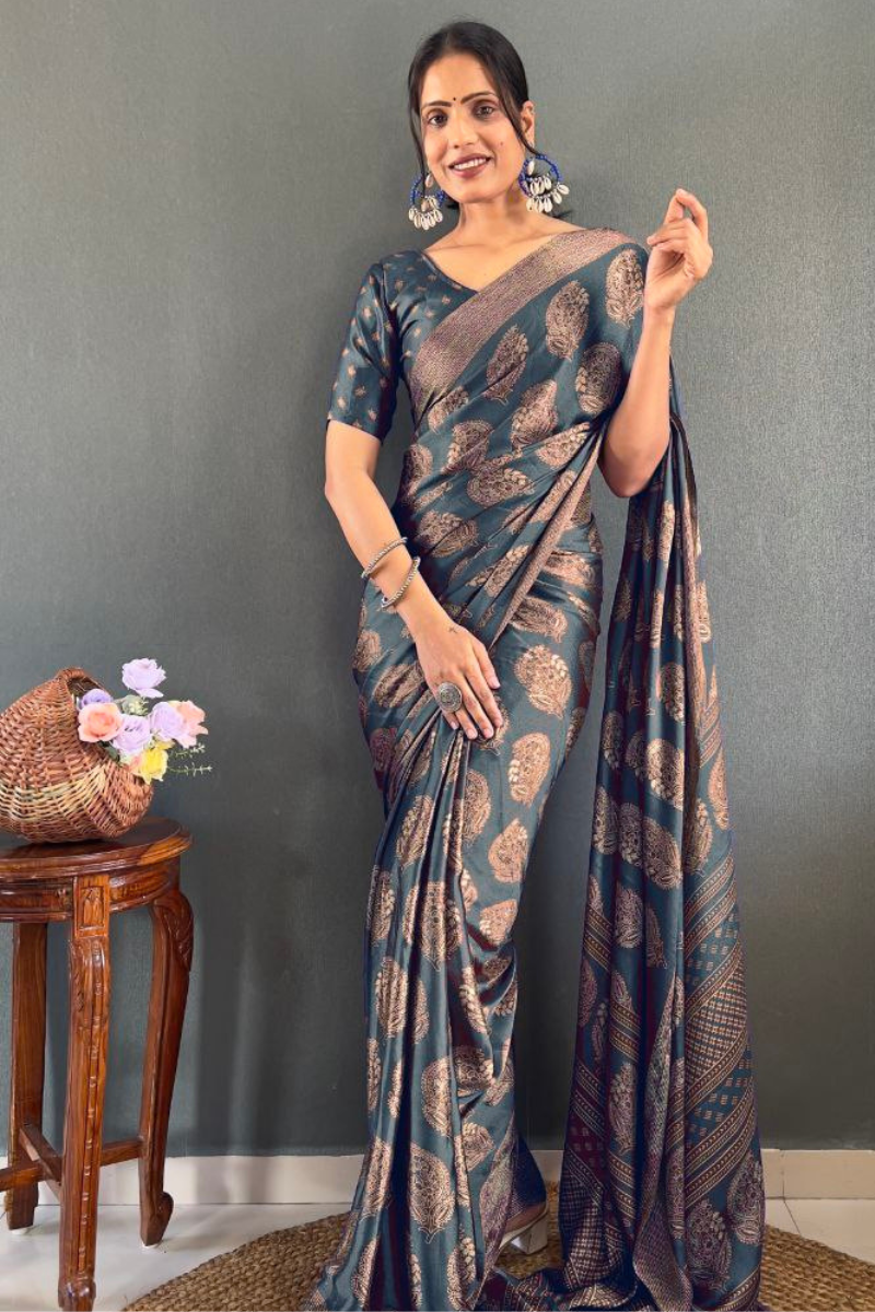 Patchwork Banarasi Saree in Grey Soft Moss Silk