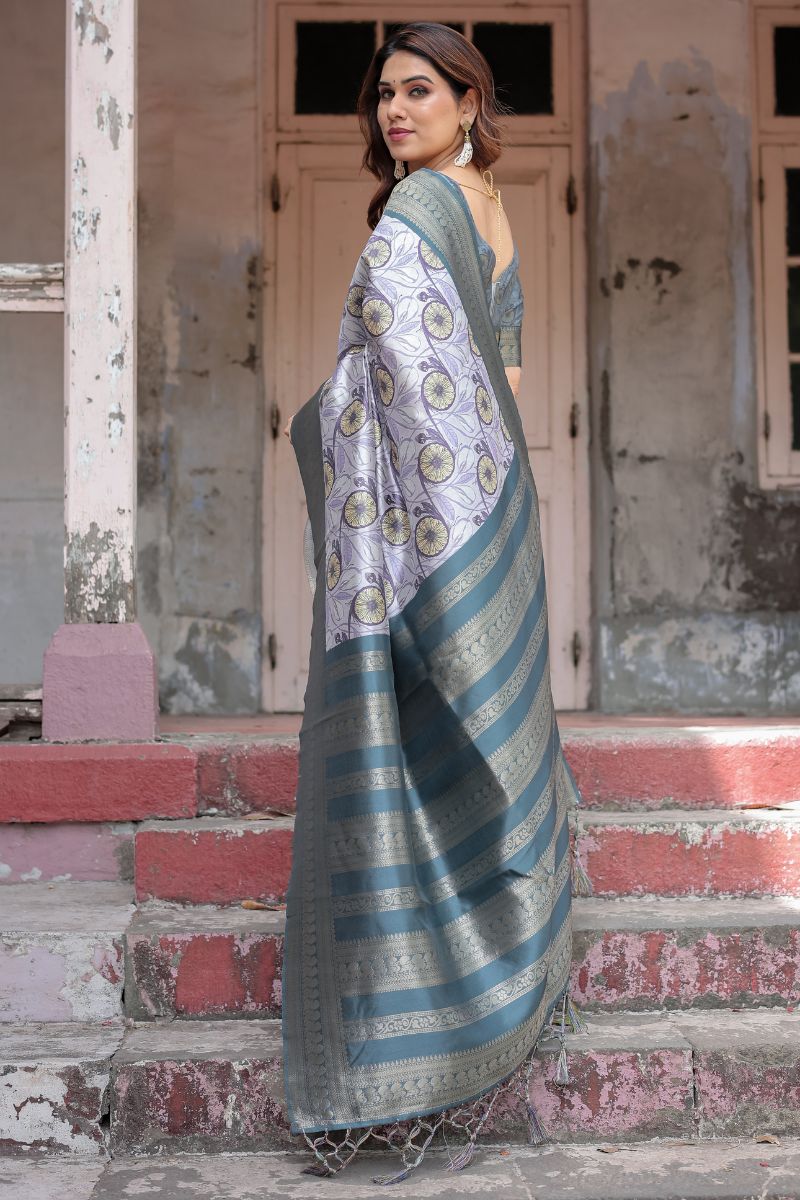 Banarasi Silk Saree with Digital Print in Lavender and Grey Tone