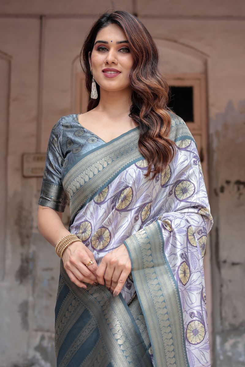 Banarasi Silk Saree with Digital Print in Lavender and Grey Tone