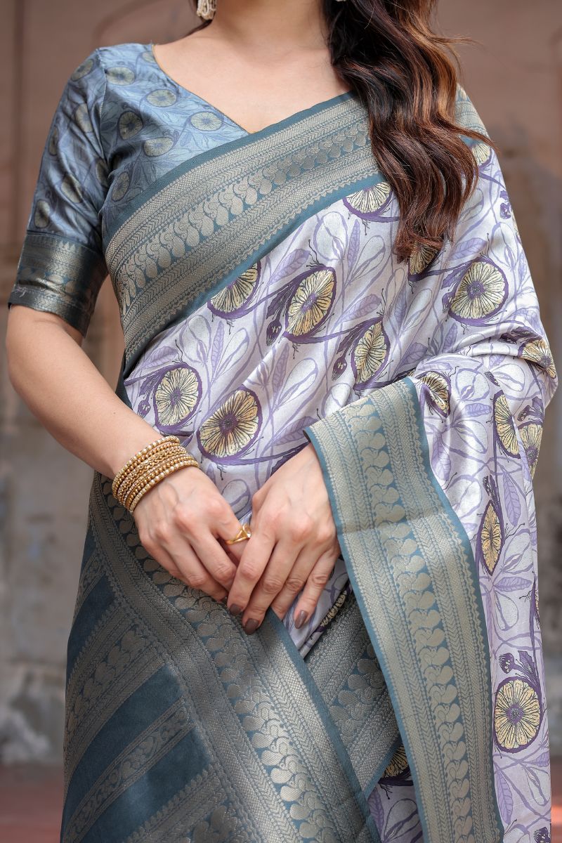 Banarasi Silk Saree with Digital Print in Lavender and Grey Tone