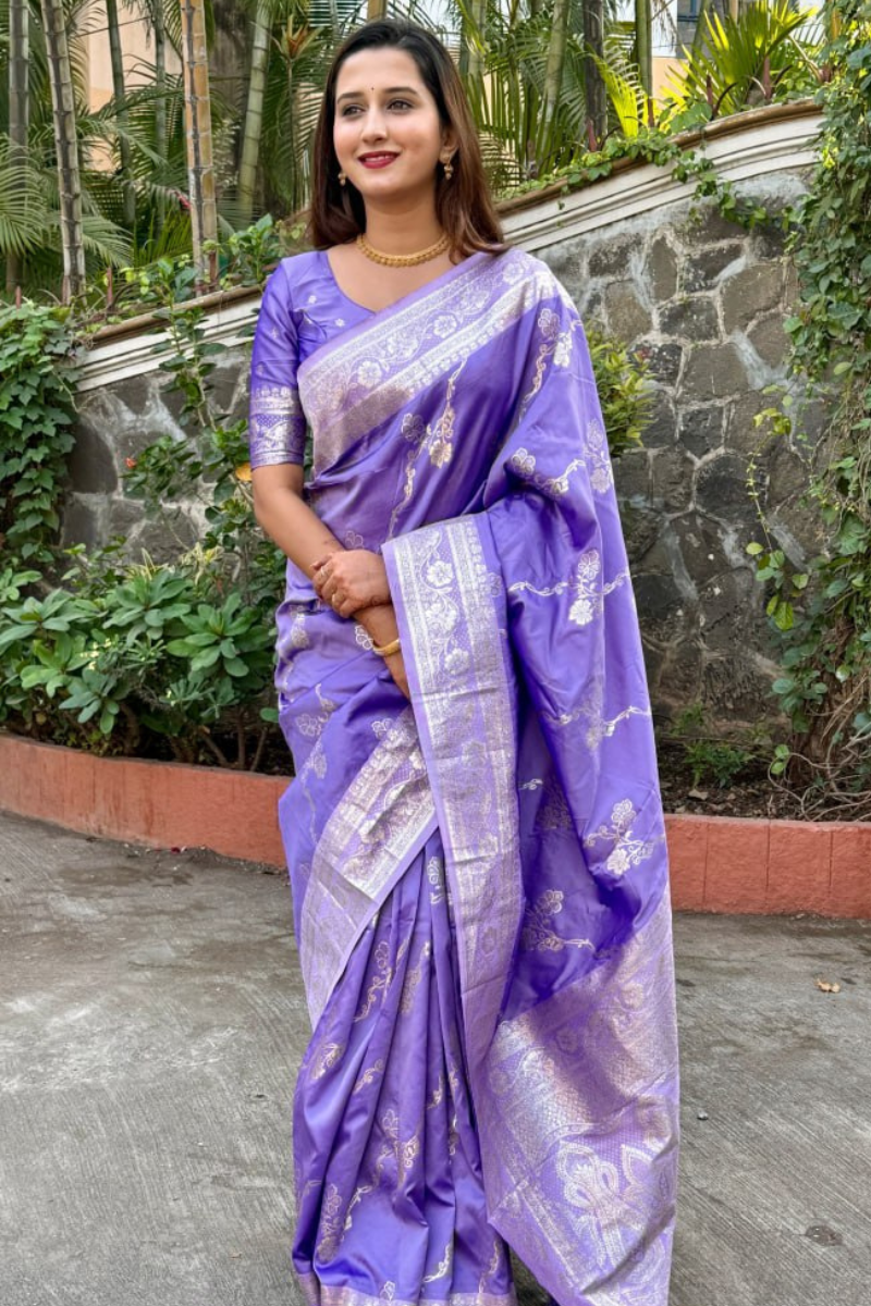 Banarasi soft silk sarees in lavender with silver zari
