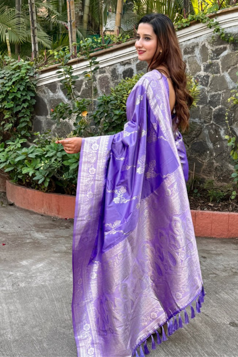 Banarasi soft silk sarees in lavender with silver zari
