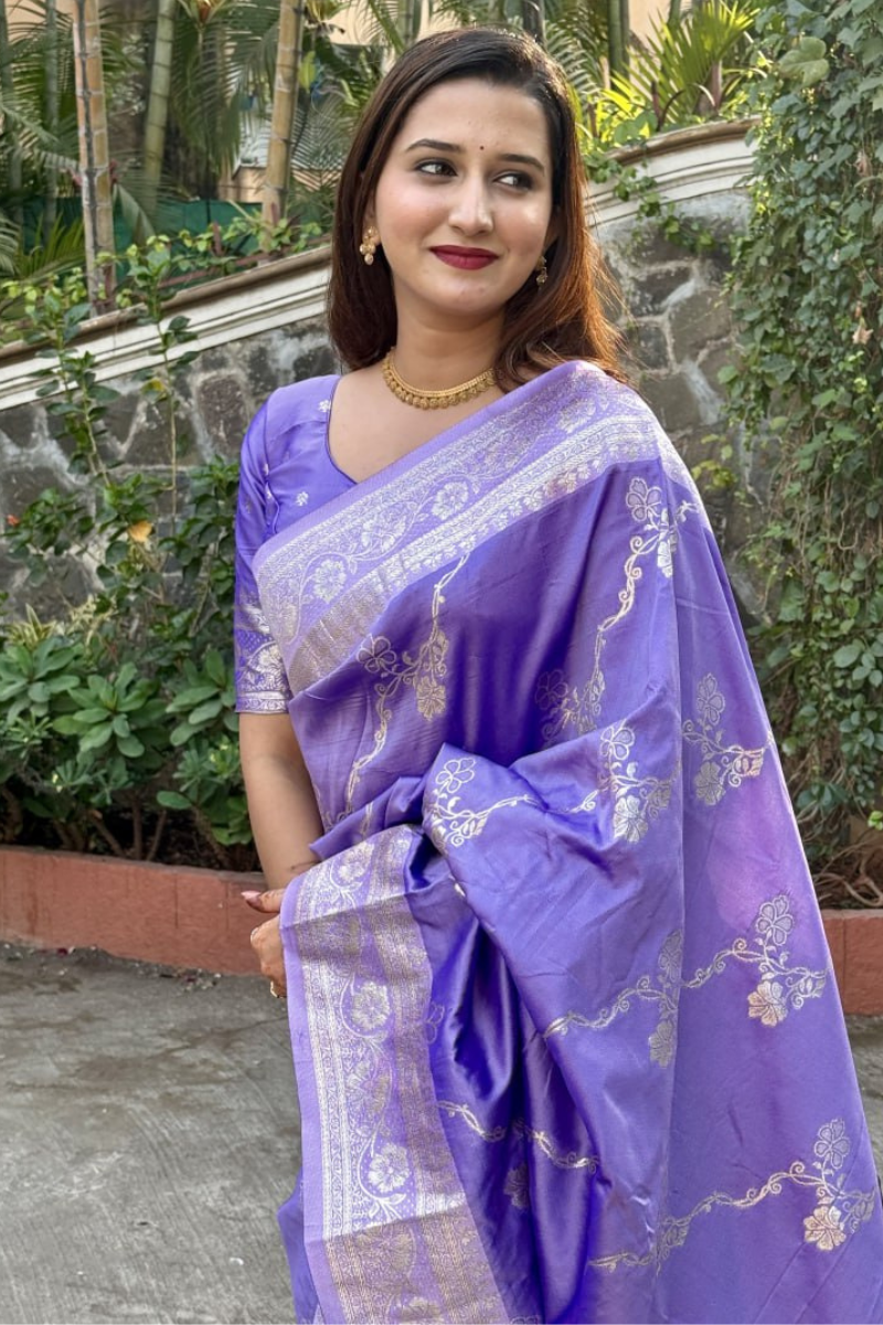 Banarasi soft silk sarees in lavender with silver zari