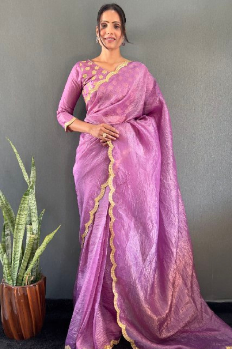 Designer border work and a lavender gold crush silk saree