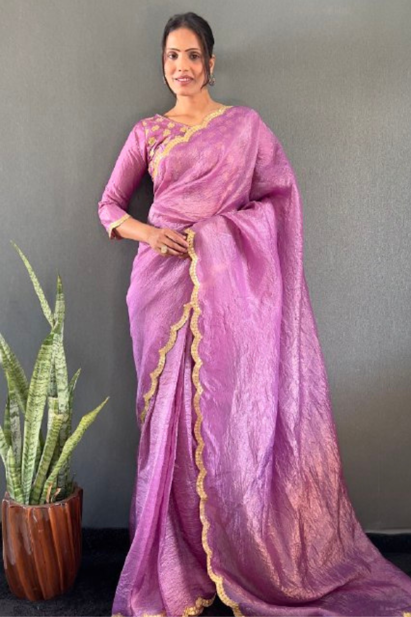 Designer border work and a lavender gold crush silk saree