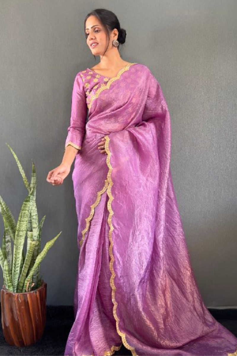 Designer border work and a lavender gold crush silk saree