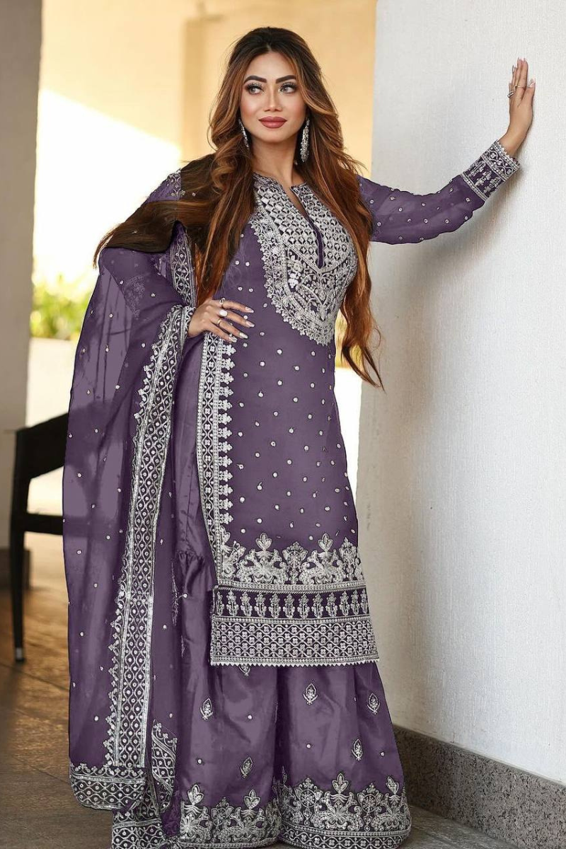 Lavender Heavy Faux Georgette Kurta Dupatta Sharara Suit Set