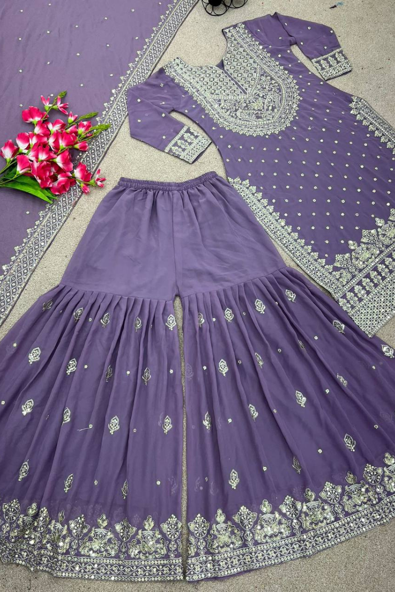 Lavender Heavy Faux Georgette Kurta Dupatta Sharara Suit Set