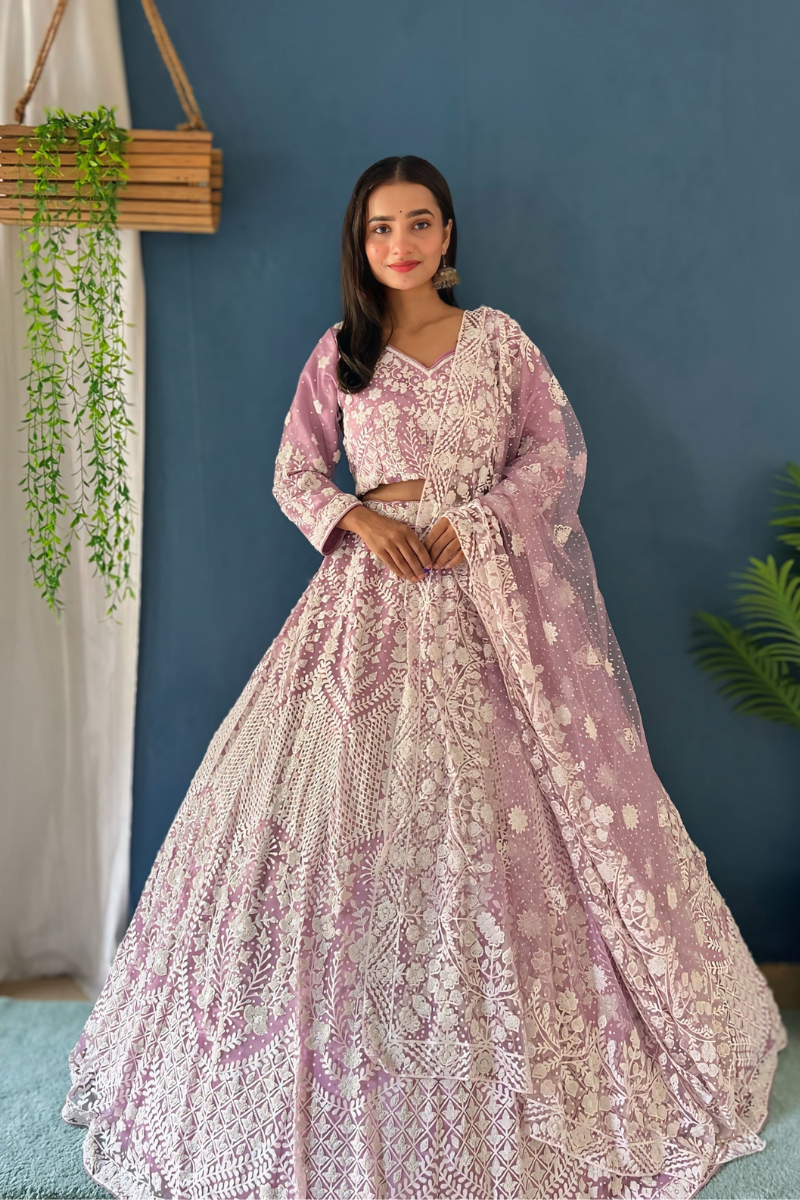 Design Work for Lavender Lehanga Choli Dupatta Set with Pure Bitts Pearl