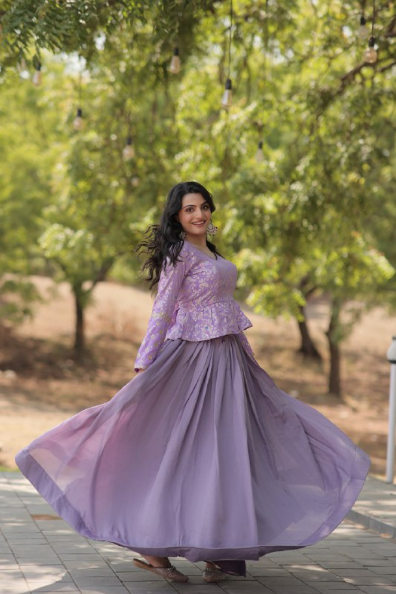 Lavender Glow Embroidered Vichitra Lehanga Top Set