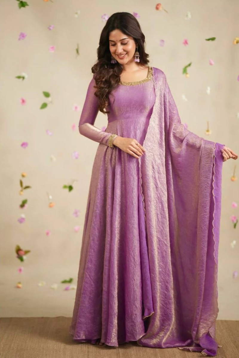 Soft Gold Crush Silk Gown in Lavender with Dupatta