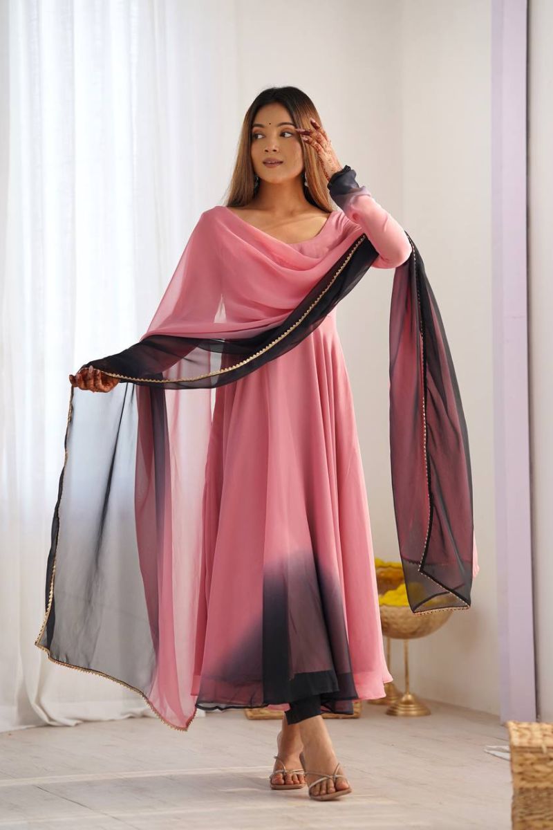 Chanderi Anarkali Pant Dupatta Set in Light Pink Romansilk