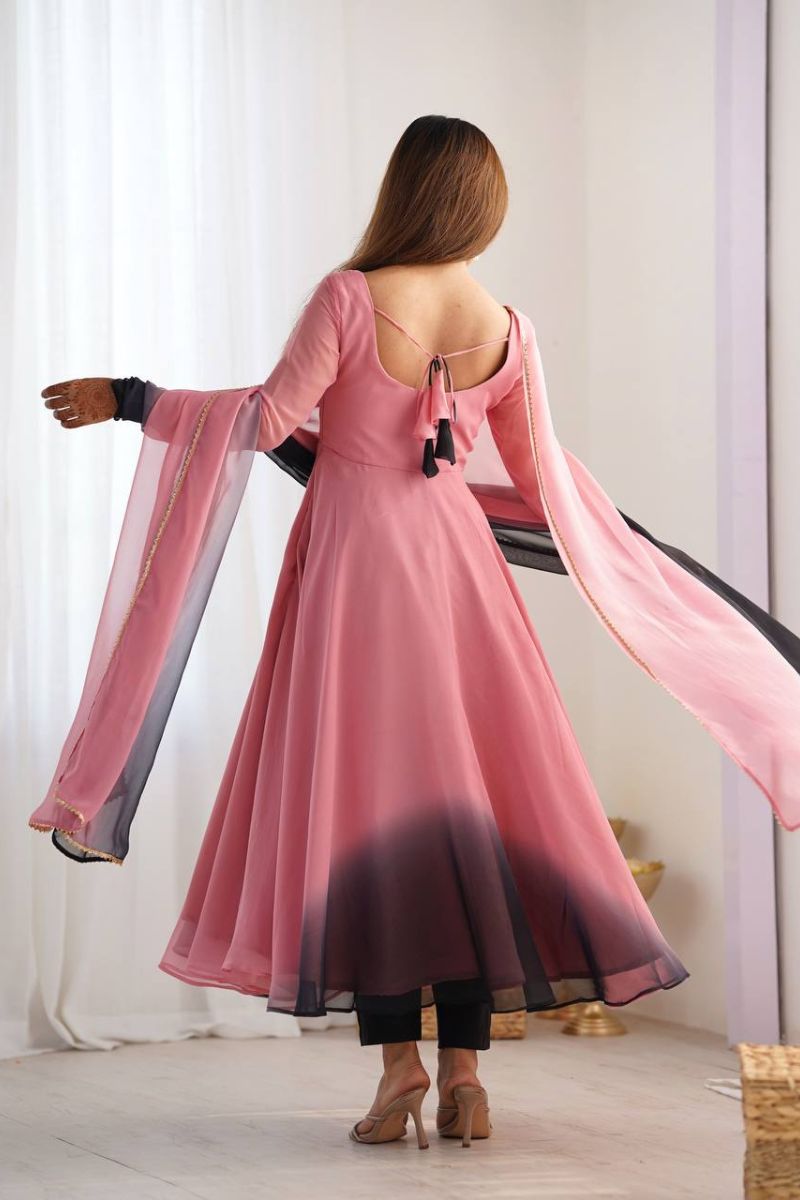 Chanderi Anarkali Pant Dupatta Set in Light Pink Romansilk