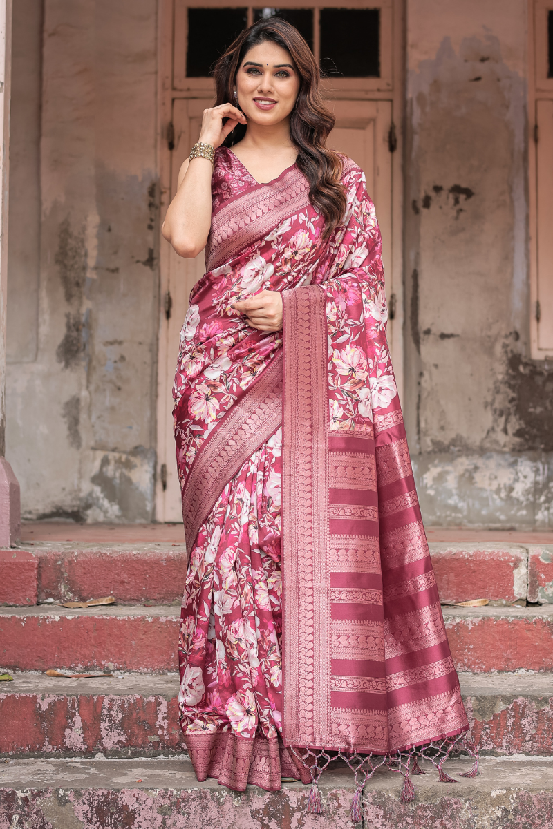 Pink and Maroon Banarasi Silk Saree with Digital Floral Print