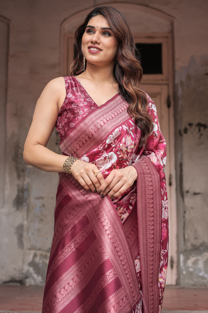 Pink and Maroon Banarasi Silk Saree with Digital Floral Print