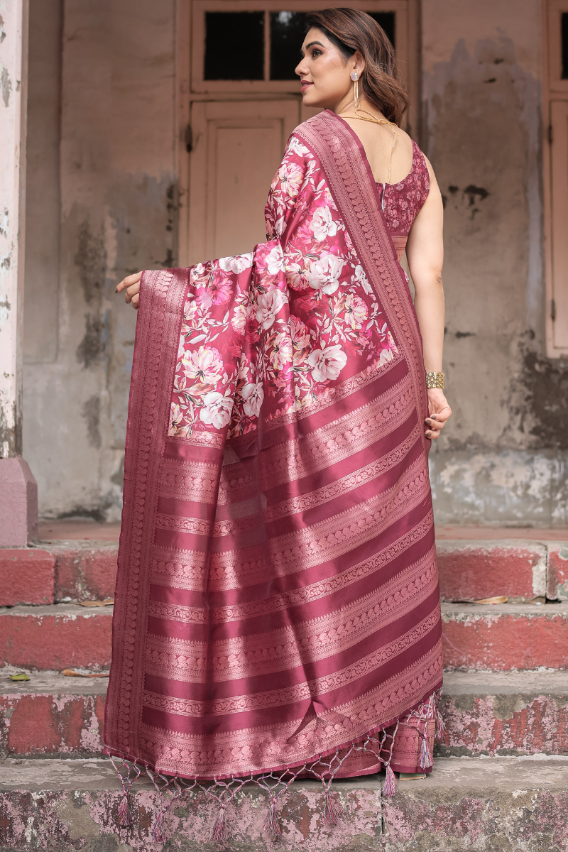 Pink and Maroon Banarasi Silk Saree with Digital Floral Print
