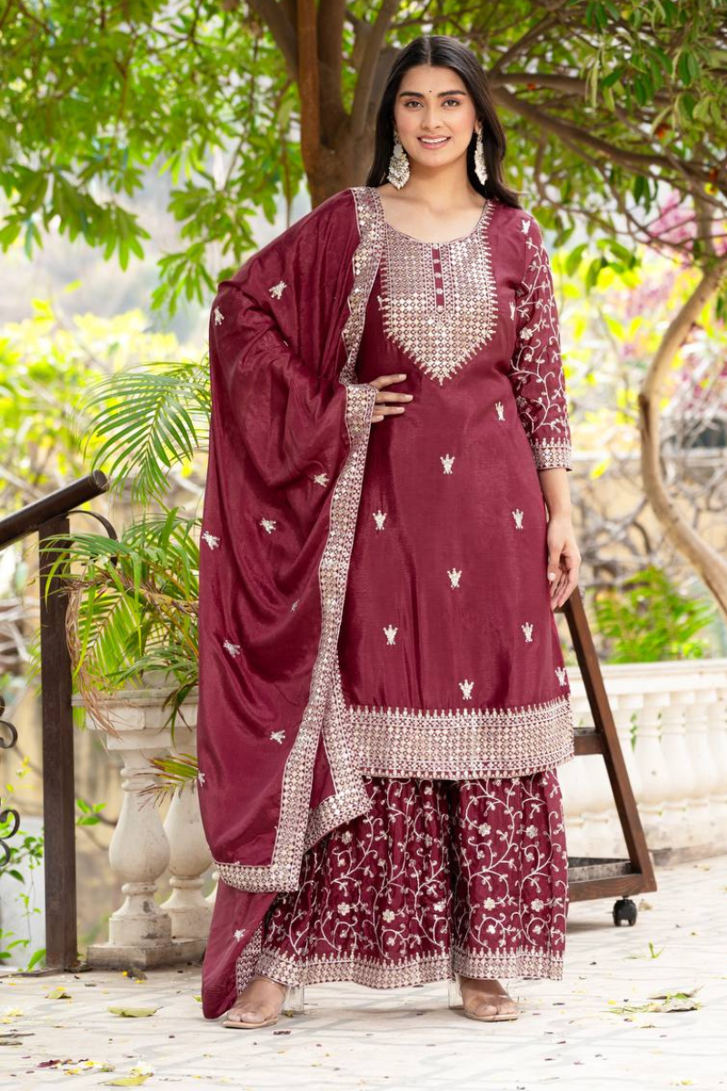 Three-piece Maroon Chinon Sharara Suit Set with Embroidered Lace Border