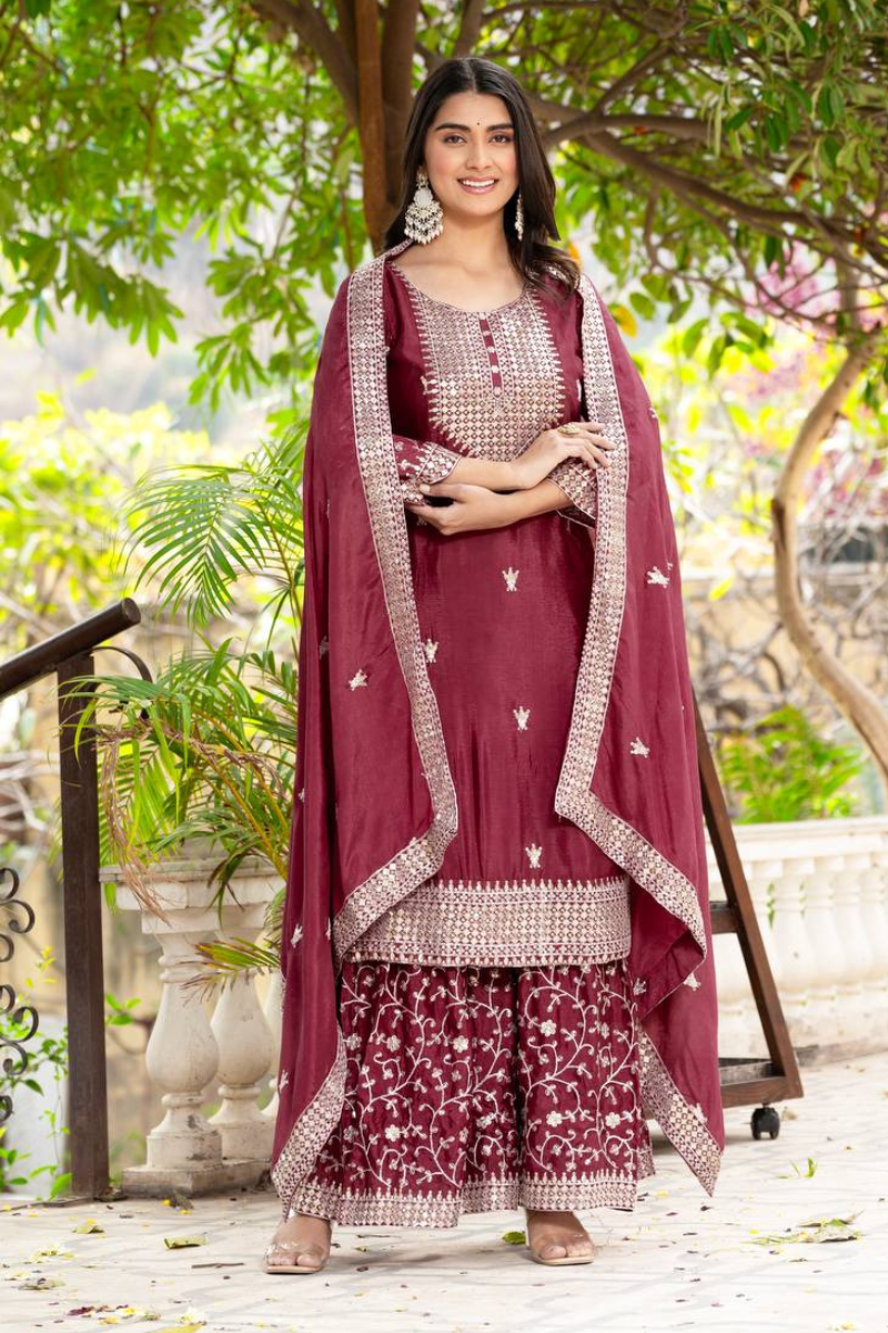 Three-piece Maroon Chinon Sharara Suit Set with Embroidered Lace Border