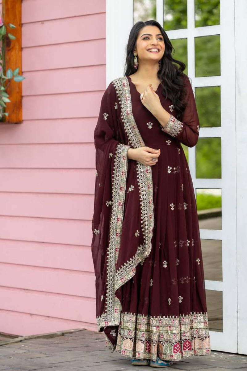 Faux Maroon Embroidered Georgette Gown