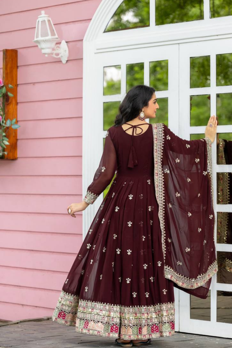 Faux Maroon Embroidered Georgette Gown