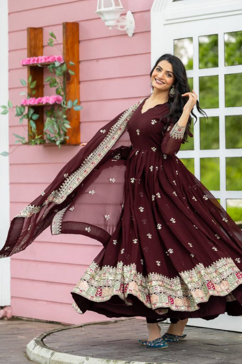 Faux Maroon Embroidered Georgette Gown