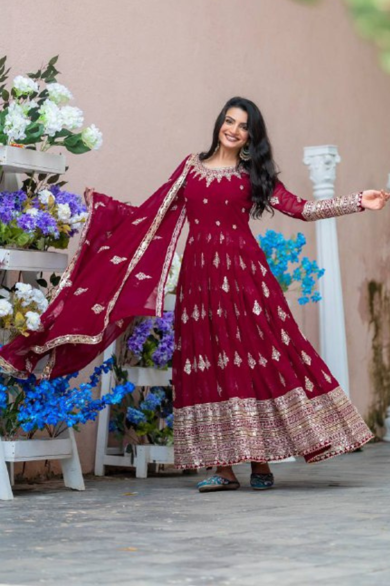 Faux Maroon Georgette Dress Featuring Embroidery