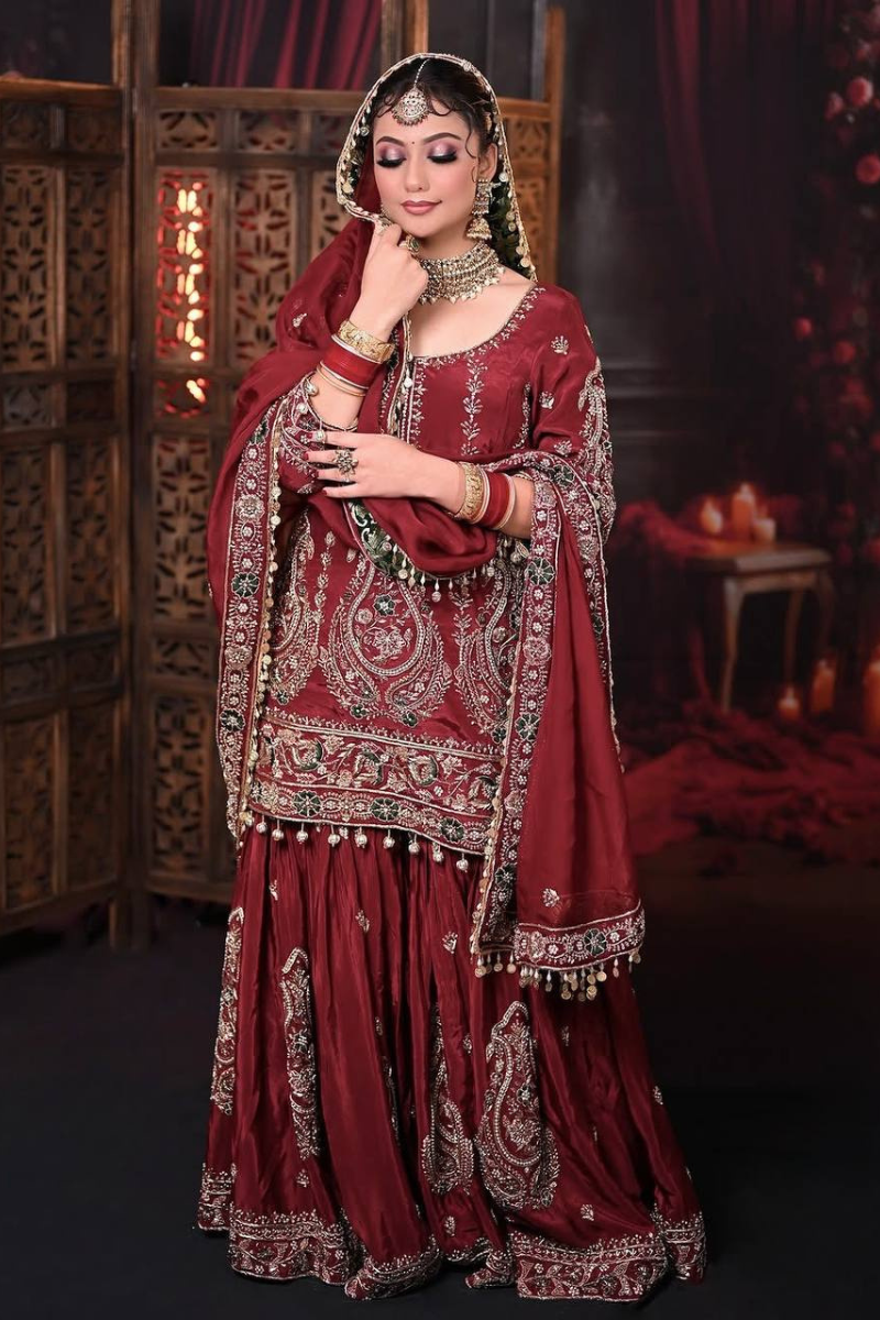 Maroon Heavy Faux Georgette Kurta Dupatta Sharara Suit Set