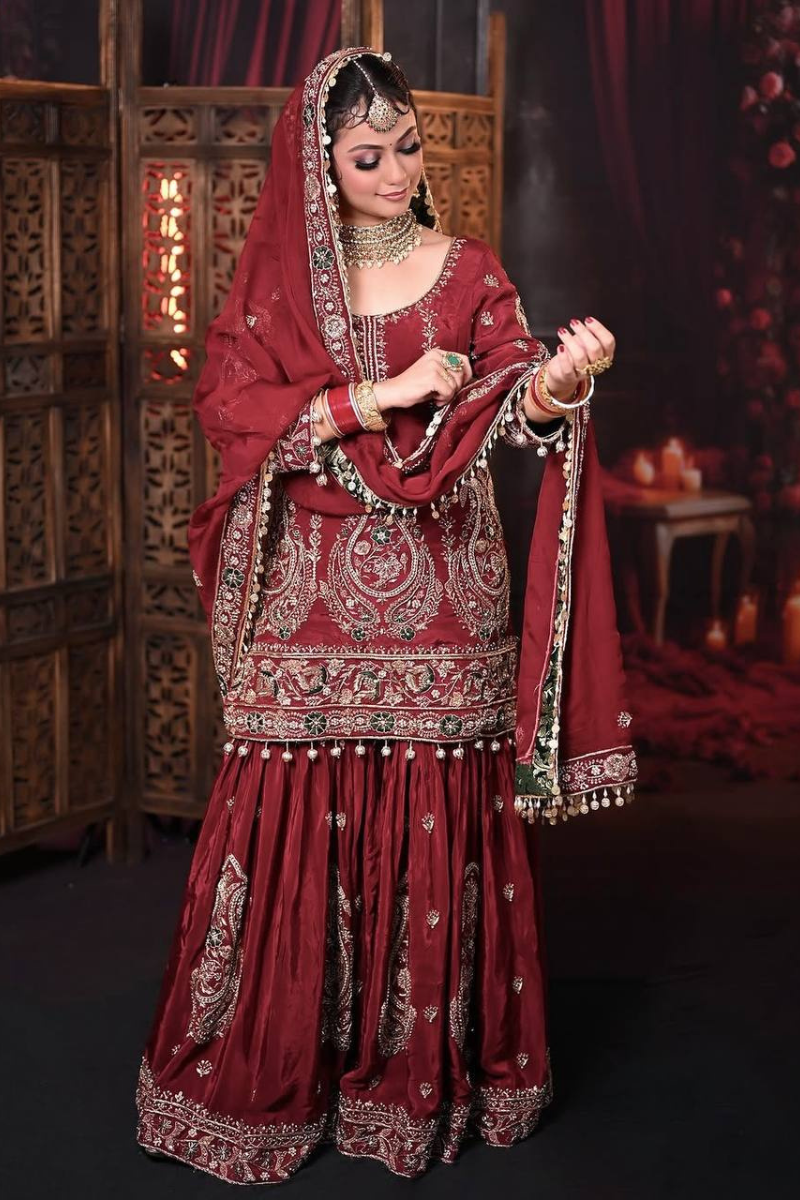 Maroon Heavy Faux Georgette Kurta Dupatta Sharara Suit Set