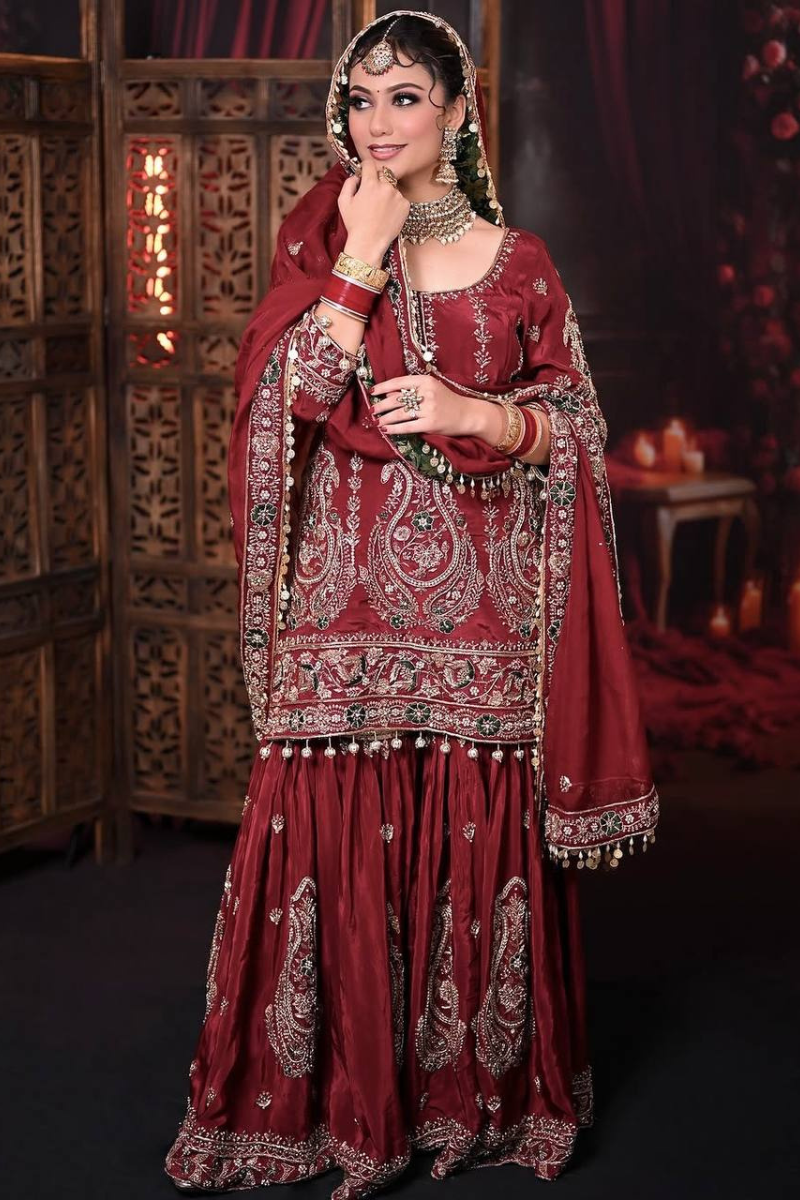Maroon Heavy Faux Georgette Kurta Dupatta Sharara Suit Set