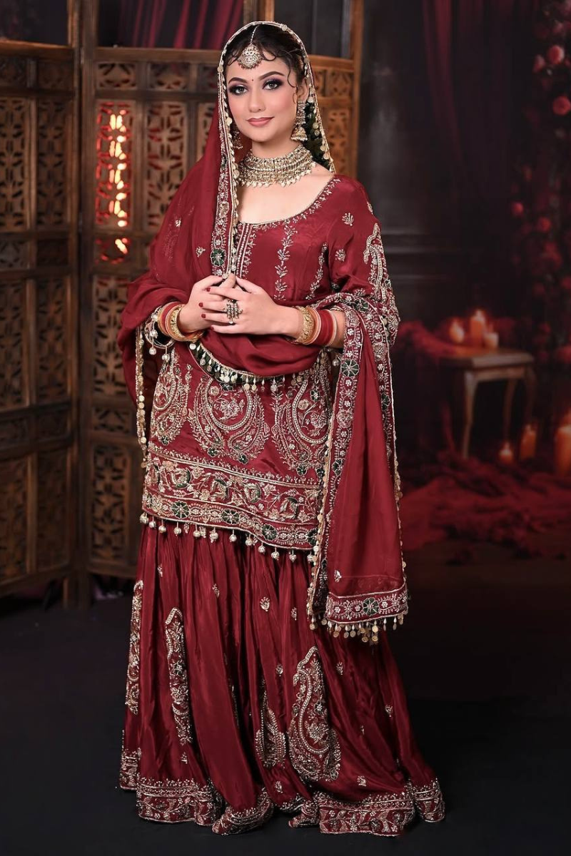 Maroon Heavy Faux Georgette Kurta Dupatta Sharara Suit Set